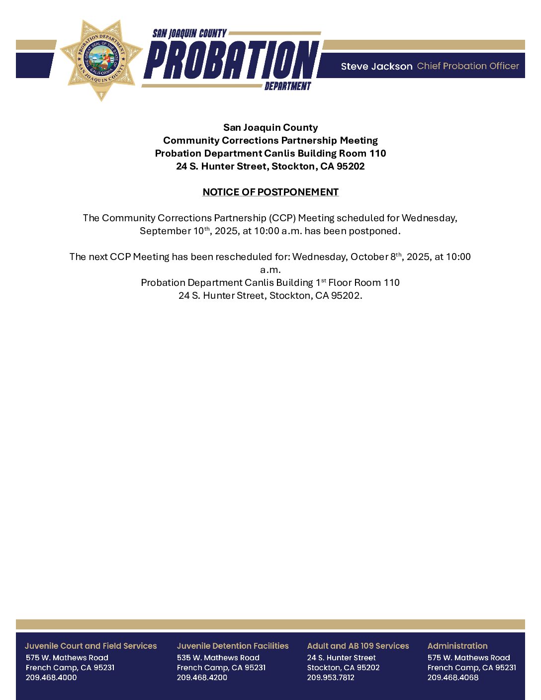 CCP Meeting 09/10/2025 – NOTICE OF POSTPONEMENT